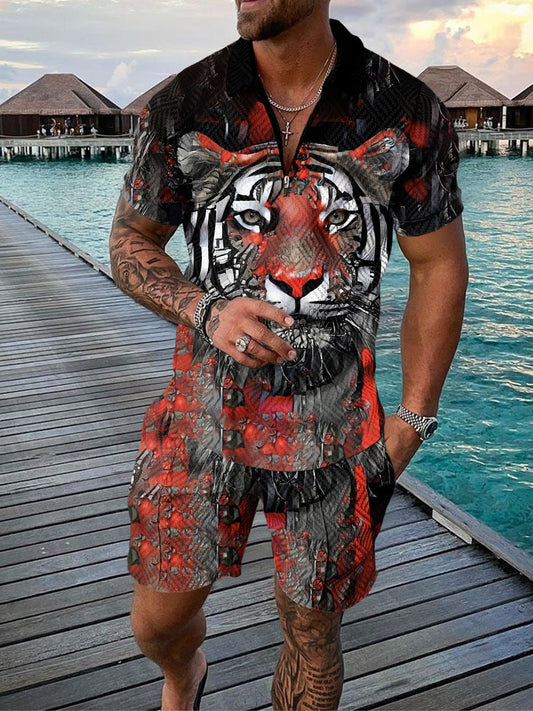 Tiger Drip Dark Polo Shirt And Shorts Co-Ord